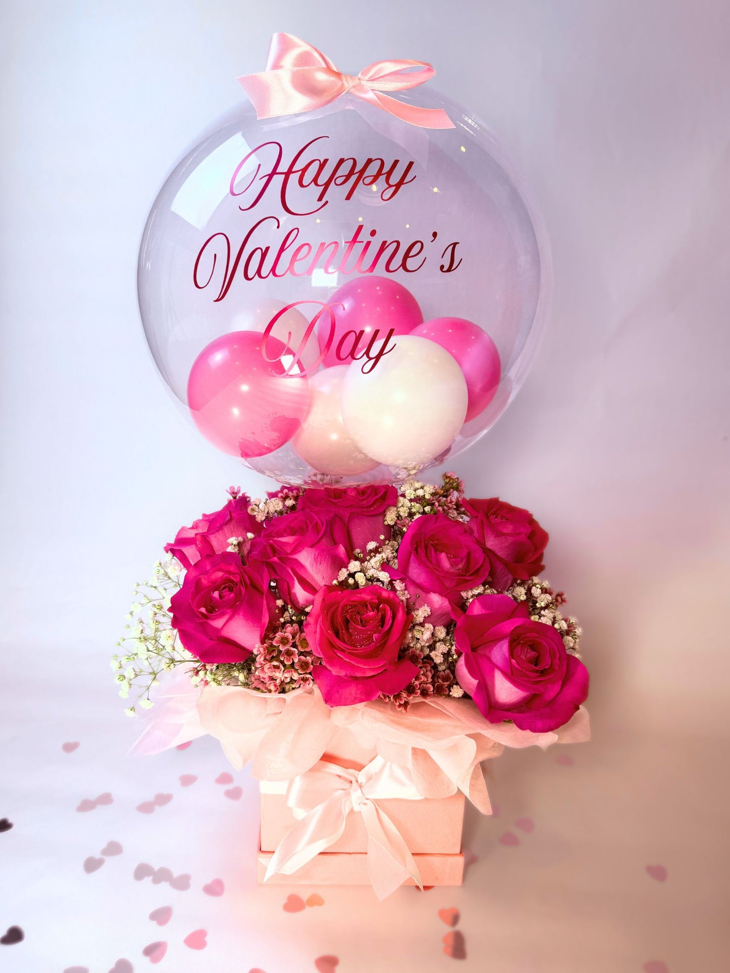 "Kiss Me" Fuchsia Pink Dozen Roses + Bubble Balloon Topper